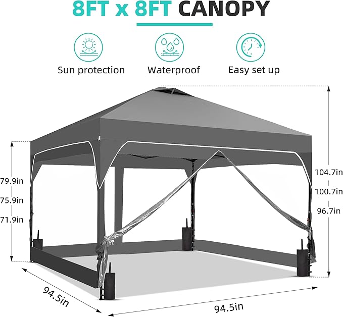 GDY 8x8FT Outdoor Pop Up Canopy Tent with One Push Setup Easy Setup Gazebo with 4 PVC Transparent Sidewalls for Events Parties Camping Gray