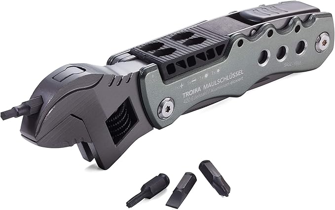 TROIKA Multi-Tool with 12 Functions and Locking Function – MAULSCHLÜSSEL – Adjustable Wrench Knife Saw File – Bottle + can Opener – 4 bits... Slotted Phillips Screwdriver – 420 Stainless Steel
