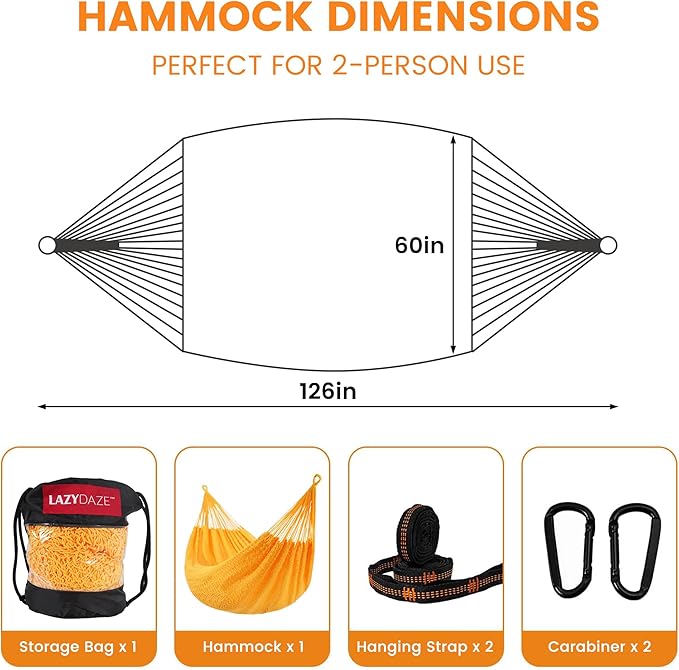 Lazy Daze Hammocks Handwoven Mayan Hammock 10.5 FT Soft Rope Double Hammocks Portable Outdoor Hammock with Carry Bag 2 Straps &amp Carabiners for Patio Outside 550 lbs Weight Capacity Yellow