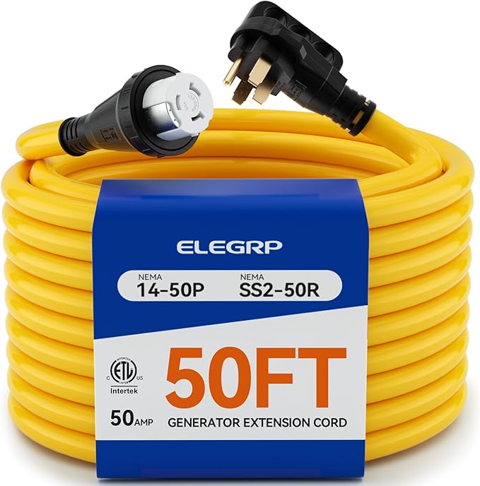ELEGRP 50 Amp RV/Generator Extension Cord 50FT NEMA 14-50P to SS2-50R Twist Lock 6/3+8/1 Gauge STW Heavy Duty 50A RV Power Cord for Camper/Generator/House UL Standard Compliant 3-Year Support