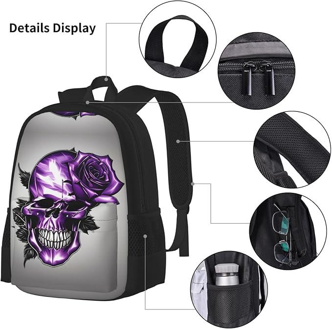 Purple Rose And Skull Backpack With Lunch Box 3 In 1 Set With Pencil Case Large Capacity Backpack With Chest Strap