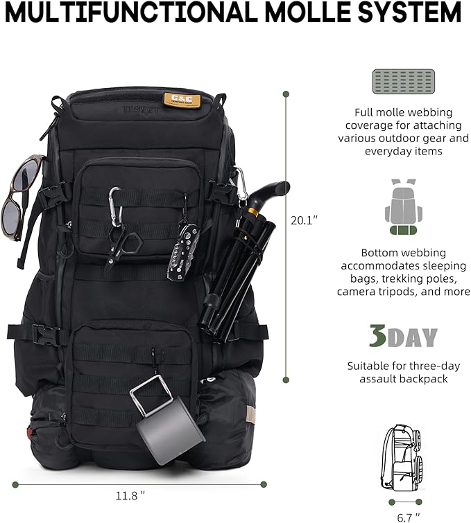 Timeet Tactical Backpack 45L for Men Military Backpack 3 Day Assault Pack with U-Shaped Wide Opening Water-Resistant Hiking Backpack for Travel Camping Survival Molle System (Black 20 Inch)
