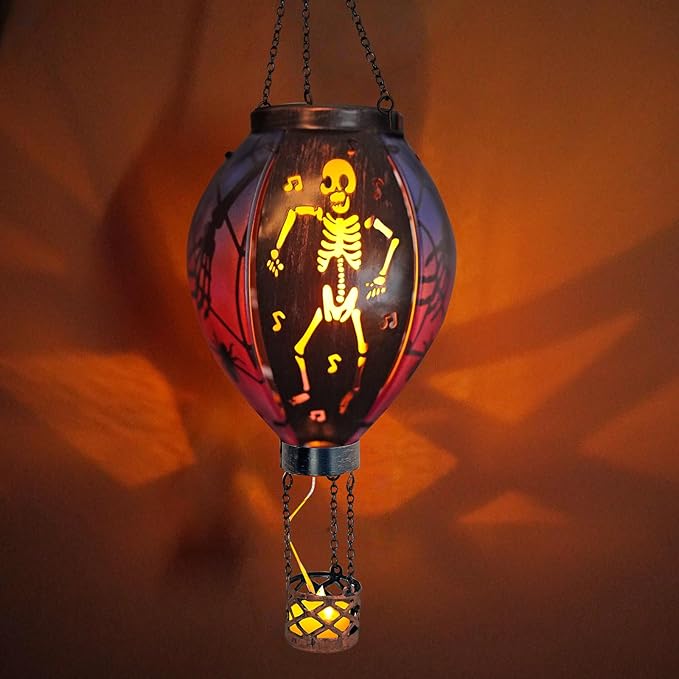 Halloween Outdoor Decorations Hot Air Balloon Solar Lantern with Flickering Flame Hanging Outdoor Lanterns with Skull Pattern Hollowed-Out Design Halloween Party Decor for Garden Patio (Halloween)