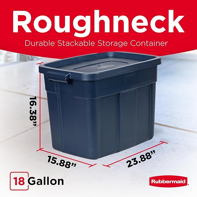 Rubbermaid Roughneck Tote 18 Gal 6 Pack Made in USA Dark Indigo Metallic Rugged Plastic Stackable Storage Bins with Lids and Handles