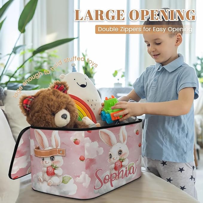 Custom Storage Basket with Name Personalized Storage Bins with Zipper Lid Foldable Fabric Storage Box Large capacity with Handle Clouds Rabbit Strawberry
