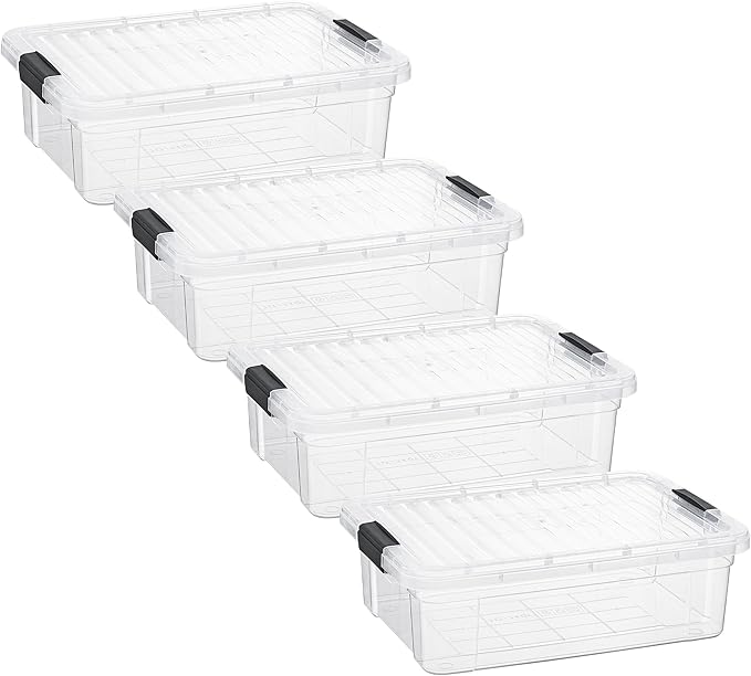 Superio Storage Bins with Lids- 4 Pack 7.4 Qt Clear Boxes for Organizing Stackable Plastic Containers- BPA Free Non-Toxic Odor Free Organizer for Home Office Dorm