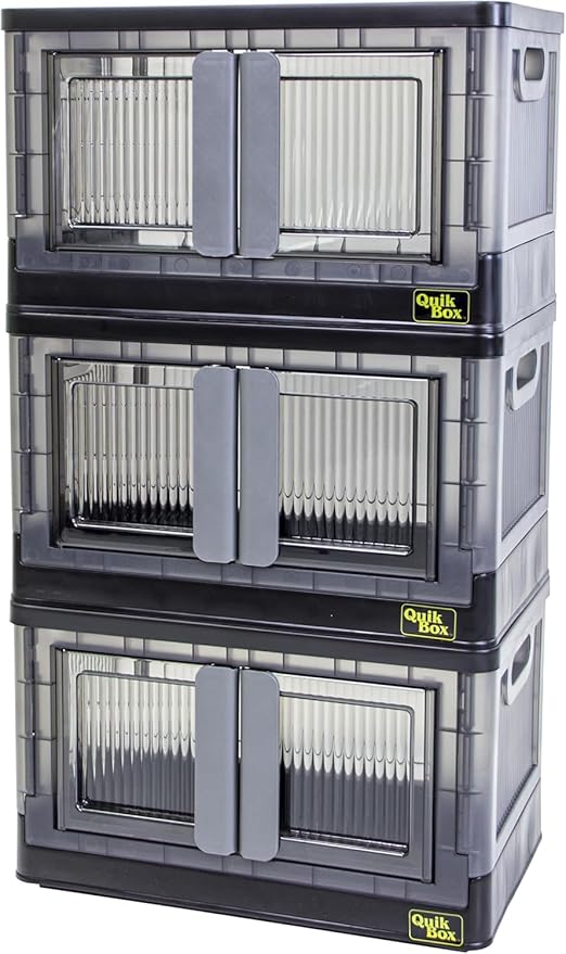 FELICON 8.4 Gallon 3 Pack Stackable Storage Bins with LidsDoorsWheelsCollapsible Organizer Foldable ContainerWardrobe Closet for Bedroom Living Room NeatDormOrganized Homes(Black)