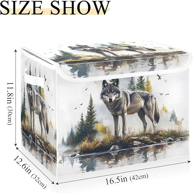 AIXIWAWA Lidded Storage Cube (Wild Wolf) Fabric Foldable Closet Bins with Flip Lid and Handles Organizer Basket Container 16.5 x 12.6 x 11.8 IN