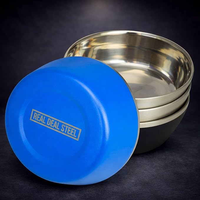 Stainless Steel Insulated Bowls - Set of 4-20 Oz Double Wall Metal Bowls for Ice Cream Soup Cereal Snack Rice Dish Camping (Assorted 1 (Black White Blue Natural))