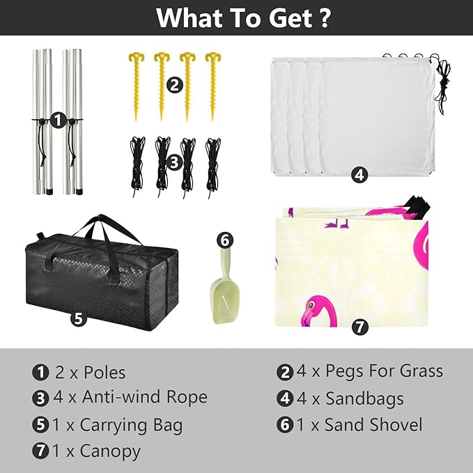 xigua Flamingo Beach Tent Sun Shelter with Carrying Bag - Silver Coated Oxford Fabric Beach Canopy for Beach Camping Fishing - Includes Windproof Ropes Sandbags &amp Stakes