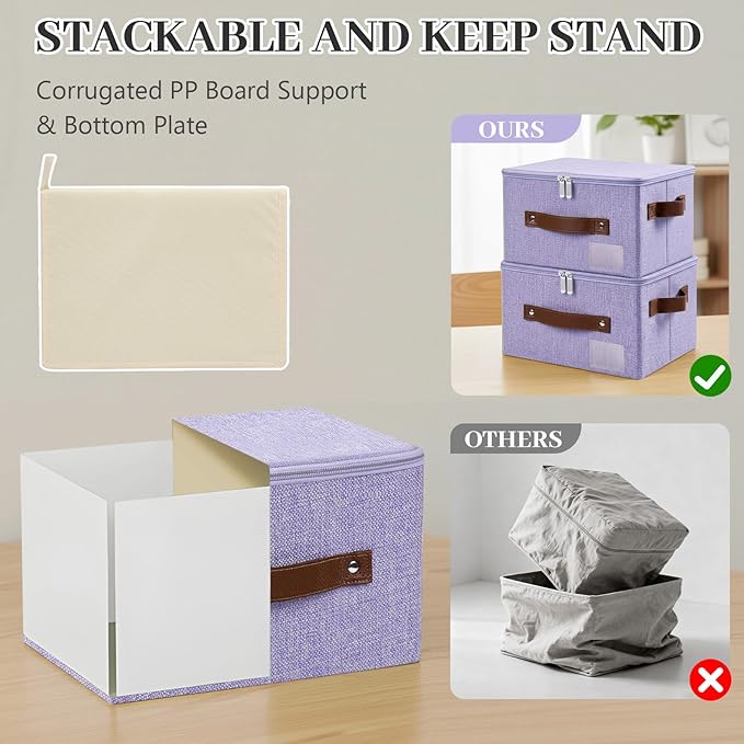 Lucky Monet 3PCS Storage Bins with Zipper Lids 10x8x7 Foldable Lidded Fabric Storage Boxes Baskets Cotton Linen Closet Shelf Clothes Organizer Container with Handles &amp Label Pocket (Purple Sma