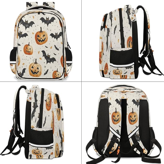 QsirBC Pumpkin Lights Bat Point Leaf Multi Compartment Backpack with Reflective Strips Adjustable Padded Straps Large Capacity Waterproof Duffel Bag for Men Women Work and Daily Use