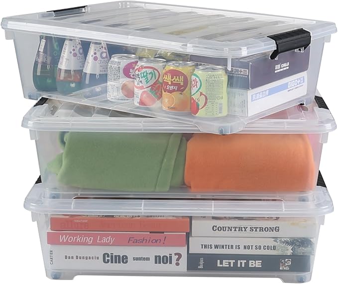 Hespama 25 Quart Clear Plastic Underbed Storage Bin with Wheels 3 Pack