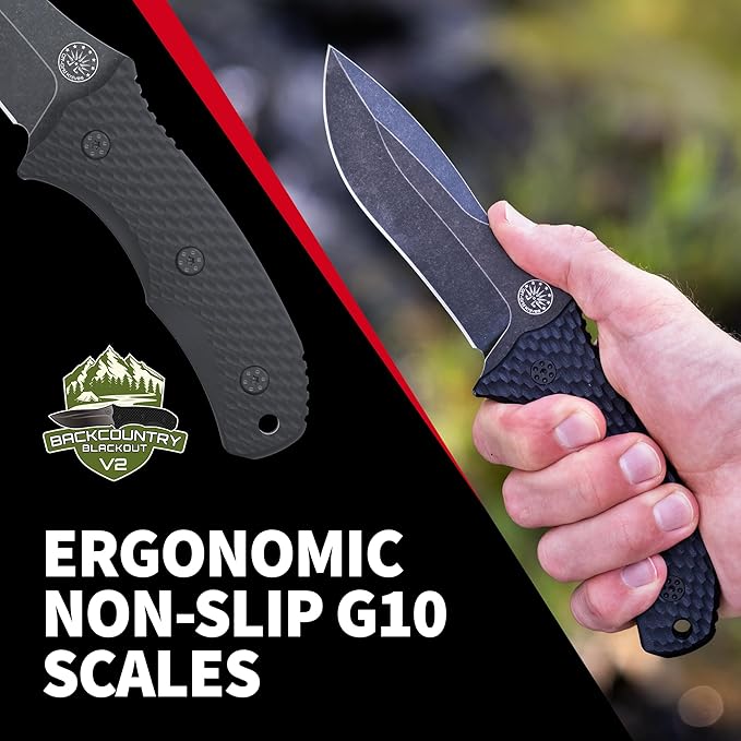 Off-Grid Knives - Backcountry Blackout V2 Fixed Blade with Cryo D2 Blade Steel Full Tang Grippy G10 Scales Kydex Sheath with Lo-Pro Belt Clip Camping Hunting Bushcraft Survival