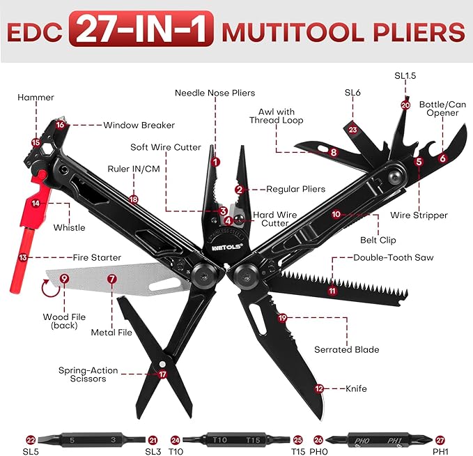 WETOLS Multitool with Pocket Knife 27-in-1 Stainless Steel Needle Nose Pliers with Screwdrivers Self-locking Multi tool EDC Gear with Sheath Ideal for Survival Outdoor Camping