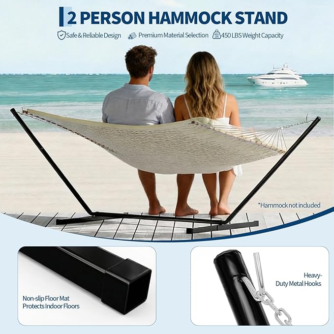 12 FT Outdoor Hammock Stand Heavy Duty Steel Portable 2 Person Hammock Frame with Hooks and Chains 450 LBS Capacity Hammock Holder for Patio Backyard Garden Black