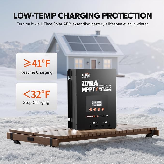 LiTime MPPT Solar Charge Controller (Bluetooth) - Solar Panel Regulator -150V 100Amp 12/24/36/48Volt for LiFePO4 and Lead-Acid Battery in Solar System