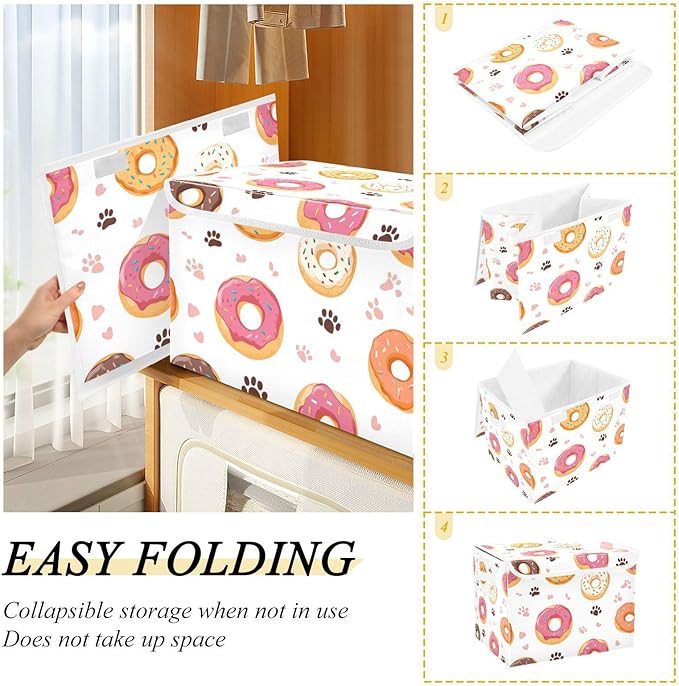 Collapsible Storage Bins with Lids Decorative Fabric Storage Cubes Closet Organizer and Storage Basket Boxes Containers for Clothes Box Chest Nursery Folding Rectangle Doughnuts Paw Prints Wh