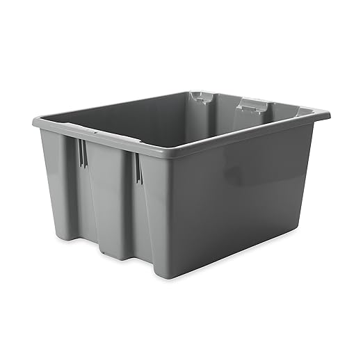 Rubbermaid Commercial Palletote Storage Stack and Nest Box 1.3 Cu. Ft Gray Tote for Warehouse/Garage/Cleaning/Maintenance