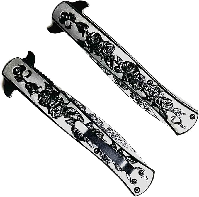 Custom Black or Blue Rose Folding Pocket Knife – Personalized Engraved Tactical Pocket Knife Gift for Him Husband Dad Boyfriend Groomsmen