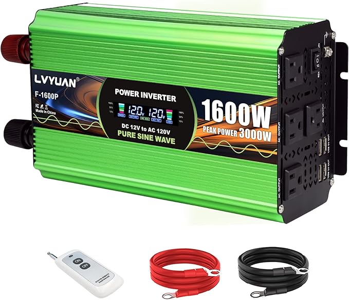 1600 Watt Pure Sine Wave Inverter DC 12V to 120V AC Power Inverter for Vehicle RV Truck Off-Grid Car Power Inverter with 4 AC Outlet 5V/3.1A USB Remote Control Surge 3000W
