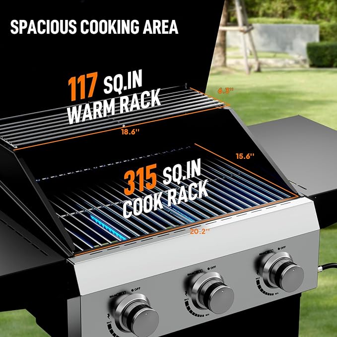 Bonnlo 3 Burners Portable Gas Grill with Enameled Cast Iron Grates Powerful 36000 BTU Propane Grill with Side Shelf &amp Bottom Cabinet Outdoor Grill with Wheels for Patio Backyard Garden BBQ Use