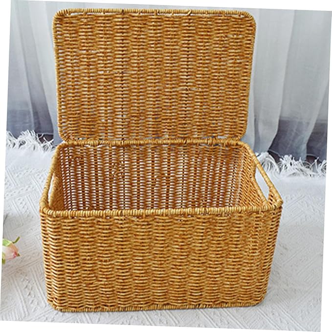 Garneck Faux Rattan Storage Box with Lid Small Sundries Organizer for Bedroom Wardrobe Living Rustic Style Household Storage Bin for Clothes and Books Practical Tiny House Furniture