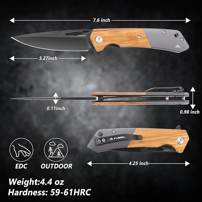 FLISSA Folding Pocket Knife Set SANDVIK 14C28N Steel Blade Knife Olive Wood-Steel Handle and Micarta-Steel Handle Pocket Clip and Thumb Hole for EDC Camping Hiking Outdoor