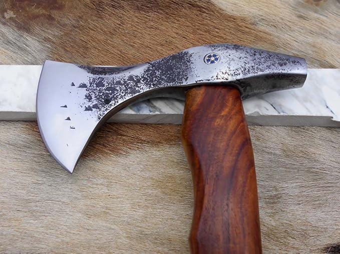 Damascus Depot Camper Axe 14 Inches Long Hand Forged Carbon Steel with Rose Wood Round Handle Bearded Hiking Battle Axe Thick Cow Hide Leather Sheath