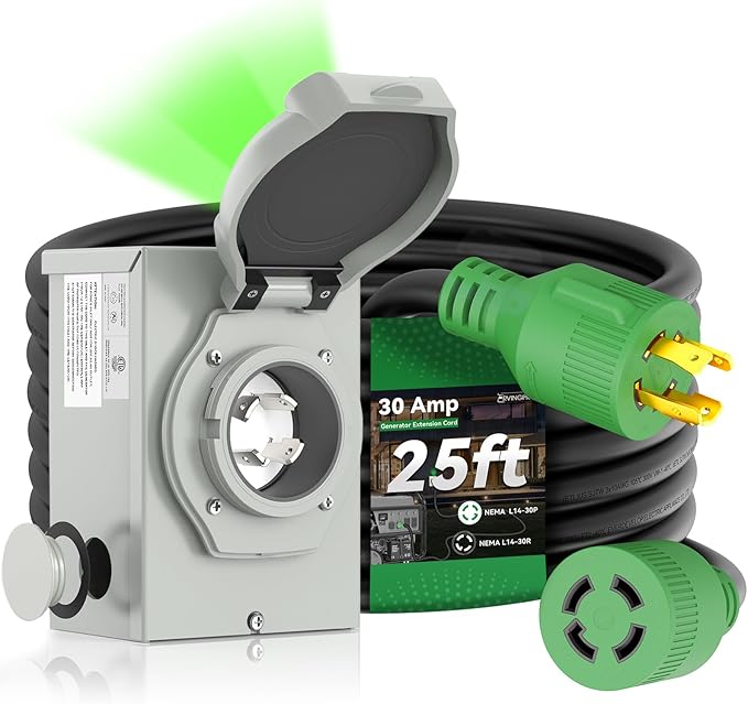 30 Amp Generator Cord 25FT and Power Inlet Box Pre-Drilled 30 Amp Generator Inlet Box with Cord NEMA L14-30P to L14-30R Generator Cord Waterproof Combo Kit ETL Listed