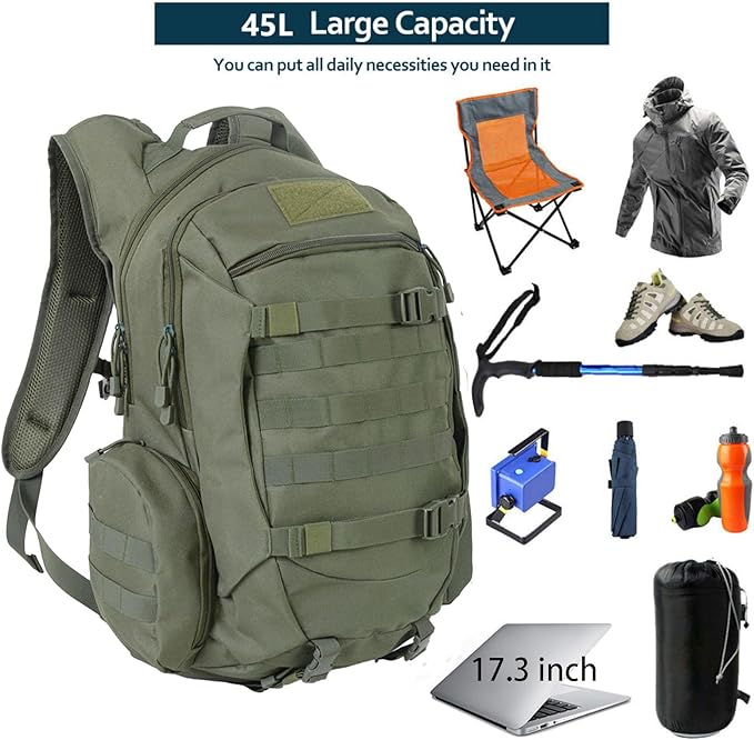 45L Waterproof Fishing Hunting Backpack Outdoor Military Rucksacks Tactical Sports Camping Hiking Trekking Bags (Green)