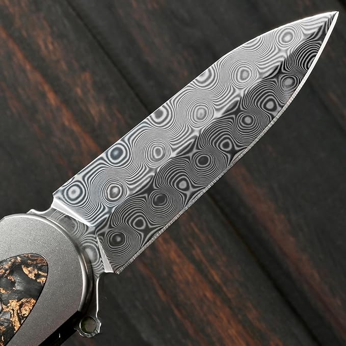 Sitivien ST228 Damascus Steel Folding Knife Copper Platinum Carbon Fiber Inlays Handle and Rose Print Pattern Blade EDC Tool Knife for Outdoor Camping Hiking Hunting(Gray) …