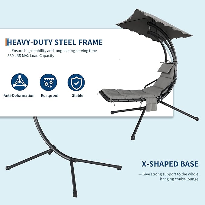 GarveeLife Chaise Lounger Swing Chair with Umbrella Canopy Patio Hanging Chaise Lounger Chair with Stand Curved Steel Outdoor Lounge Chairs for Indoor Patio Pool Garden Backyard Porch