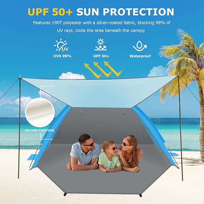 Gorich Beach Tent with Canopy - Easy Setup 3-4/5-6/7-8 Person Portable Sun Shelter UPF 50+ UV Protection Sun Shade Lightweight &amp Compact Beach Cabana for Family Travel