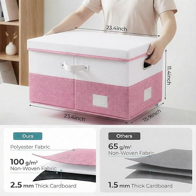 PRANDOM Storage Bins with Lids [3-Pack] Linen Fabric Foldable Storage Boxes Organizer Containers Baskets Cube with Cover for Bedroom Closet Office White&ampPink (23.4X15.9X11.4)