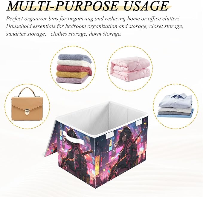 Woman Anime Street Large Storage Bins with Linen Foldable Storage Box Fabric Organizer Bin with Flip-Top Lid for Home Office 16.5 x 12.6 x 11.8 Inch