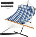 Everyfun 2 Person Outdoor Hammock with Stand Cotton Rope Hammock with Polyester Pad Adjustable Steel Frame Portable with Carrying Bag – for Patio Backyard Garden Beach Blue Stripe