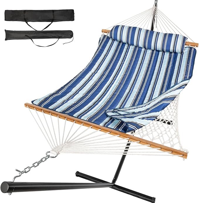 Everyfun 2 Person Outdoor Hammock with Stand Cotton Rope Hammock with Polyester Pad Adjustable Steel Frame Portable with Carrying Bag – for Patio Backyard Garden Beach Blue Stripe