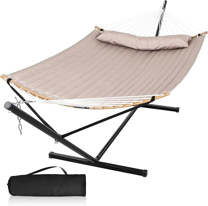 Double Hammock with 12 FT Stand 2 Person Curved Bar Hammock with Stand Pillow and Portable Carrying Bag Heavy Duty 450lbs Capacity Tan
