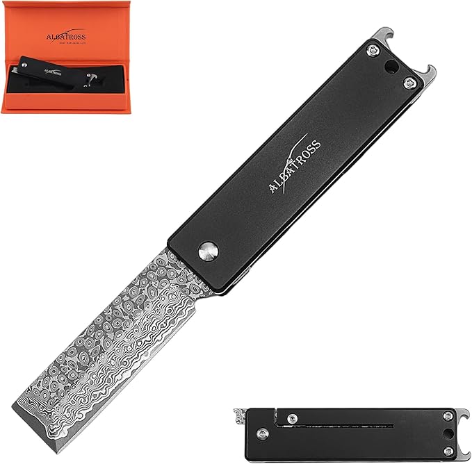 ALBATROSS Damascus Steel Pocket Knife - Stocking Stuffer for Men Women 3.5 Black Titanium Alloy Box Cutter - EDC Keychain Gadgets with Bottle Opener Mother's Day Father's Day Birthday Gifts