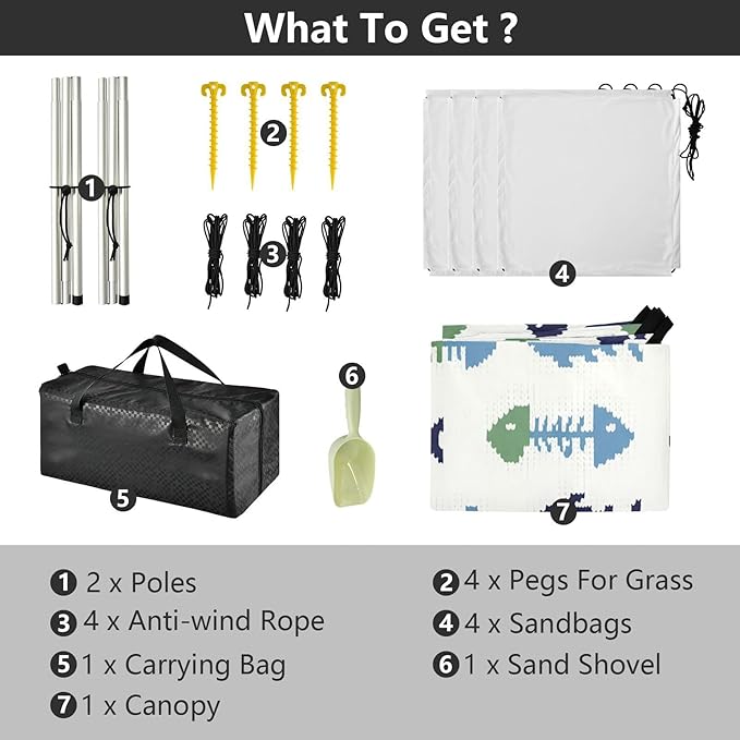 xigua Fish Beach Tent Sun Shelter with Carrying Bag - Silver Coated Oxford Fabric Beach Canopy for Beach Camping Fishing - Includes Windproof Ropes Sandbags &amp Stakes