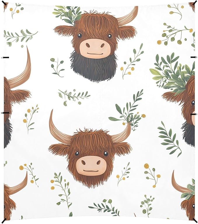 ALAZA Cartoon Highland Cattle Leaves Pattern Beach Tent Sun Shelter Portable Canopy Sunshade for Outdoor Camping Picnics Backyard Fun 10x9 ft