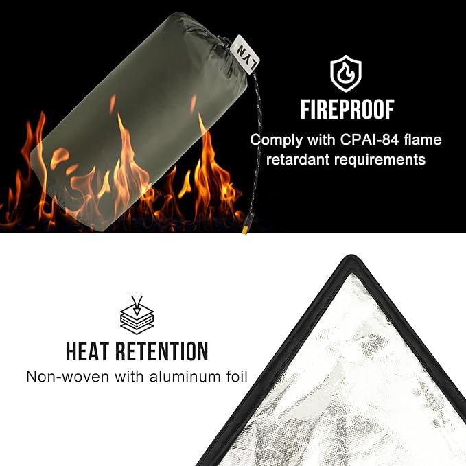 LYN Extra Large Zipper Reusable Survival Emergency Shelter TentThermal Waterproof Fireproof Lightweight Bugout with Paracord✚Stake for CampingFirst AidHiking&ampBushcraft