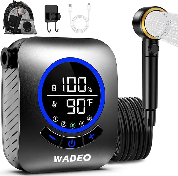 WADEO Portable Shower for Camping 8000mAh Rechargeable Camping Shower Pump with 5 Pressure Levels Fahrenheit Display IPX8 Waterproof for Outdoor Camping Travel Car Washing Pet Bathing