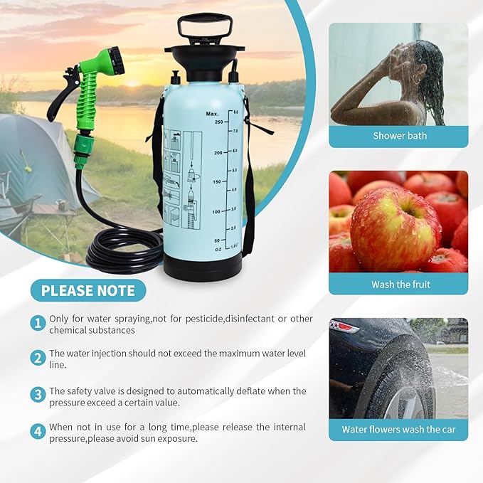 2.1 Gallon Portable Shower for Camping with 7 Spray Modes Camping Shower for Beach Shower Car Shower Hand Press with Removable Hose and Shower Head (Blue)