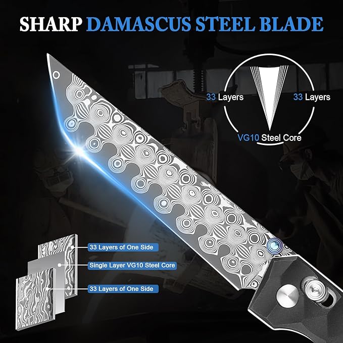 AUBEY Damascus Axis Lock Pocket Knife 3.54 Tanto Blade Crossbar Lock Folding Knives with Clip for Men Women Aluminum Handle with Glass Breaker for EDC Camping Gift