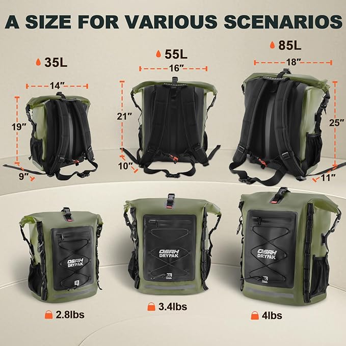 Waterproof Backpack Dry Bag 35L/55L/85L – Heavy Duty Roll-Top Hiking Backpack for Travel Kayaking Boating Camping Rafting and Fishing