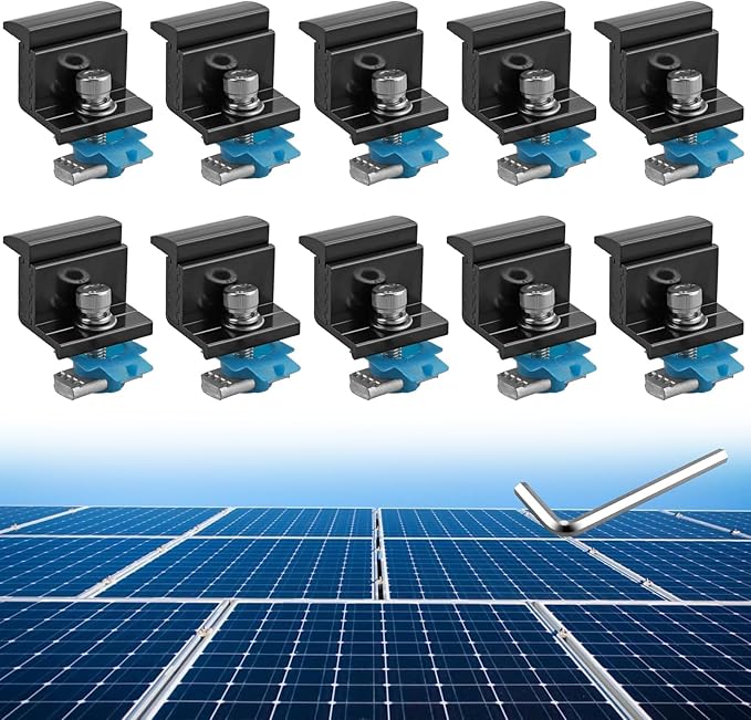 Anbte 10pcs Adjustable Solar Panel End Clamp for Unistrut 30-50mm Aluminum Solar Panel Mounting Brackets with Nuts Bolts and Wrench for Metal Roof Tin Roof Flat Roof Sheet Roof RV Black