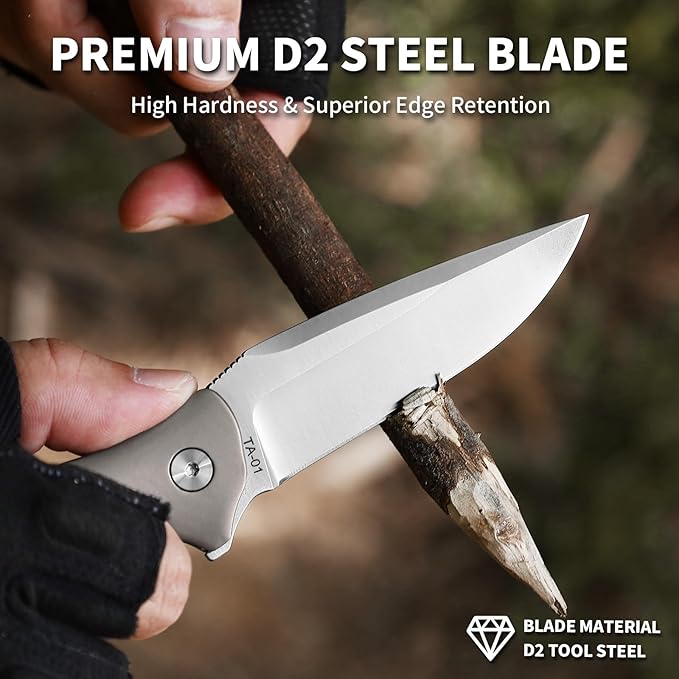 Small EDC Pocket Knife for Men &amp Women - 3 Drop Point D2 Blade Titanium Handle with Button Lock &amp Pocket Clip | Small Slim Cool Folding Knife for Daily Carry Camping Hiking &amp Outdoor Us