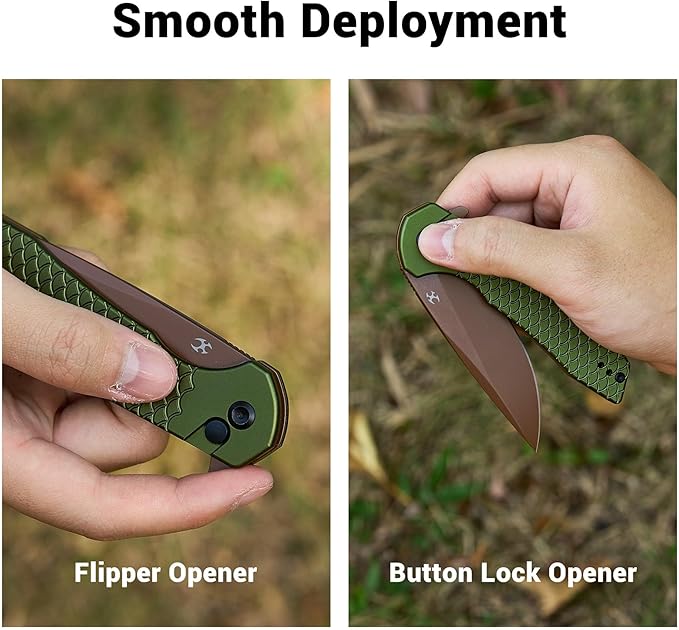 KANSEPT Accipiter Pocket Knife 3.53Rose Gold 14C28N BladeGreen Anodized Aluminum with Fish Scale Texture Handle Flipper Open &amp Button Lock Deep Clip EDC Folding Knives for Camping Hunting T10